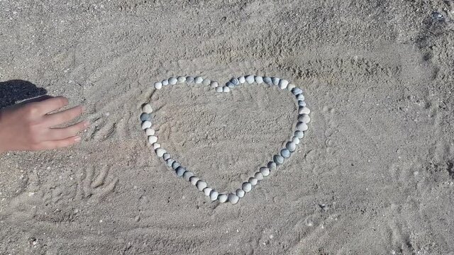 The girl's hand lays out a heart from seashells on the seashore. Happy Valentine's Day
