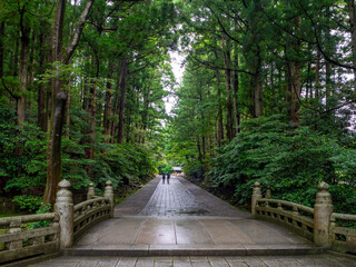 Stone bridge and approach to a shrine surrounded by tall coniferous trees (Yahiko shrine, Yahiko, Niigata, Japan)