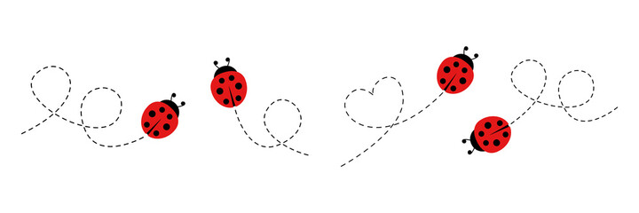 Cartoon ladybug icon set. Ladybugs flying on dotted route. Vector isolated on white background. - obrazy, fototapety, plakaty