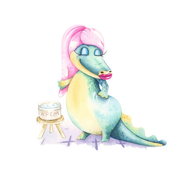 Crocodile with cream in the bathroom. Funny watercolor character.