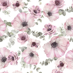 Floral seamless pattern of anemones 
flowers and eucalyptus. Hand painted watercolor illustration.