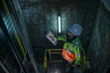 worker service check  elevator. service  engineer work in elevator shaft. - obrazy, fototapety, plakaty