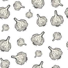Garlic hand drawn background seamless pattern. Vintage background. Vector