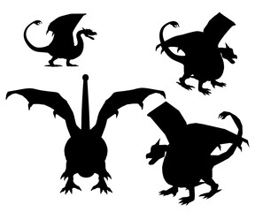 Set with dragons silhouettes isolated on white background. Vector illustration