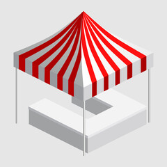 Isometric market stall, tent. Street awning canopy kiosk, counter, white red strings for fair, street food, market, grocery goods. Vector isolated