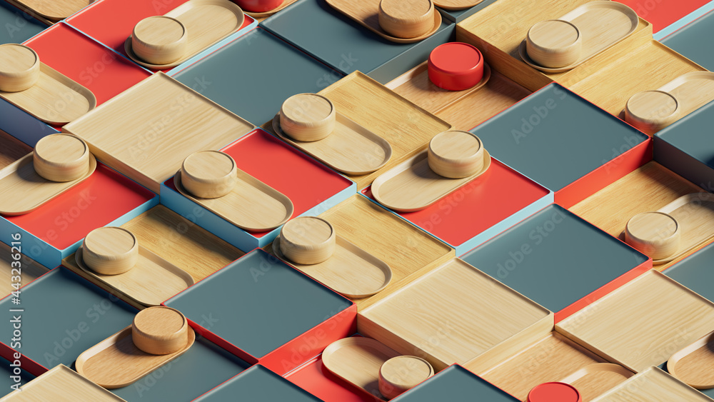Poster 3d abstract background with repetitive pattern shapes. wooden texture. isometric.