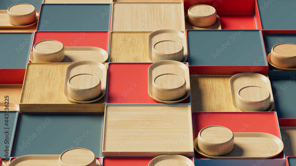 Poster 3d abstract background with repetitive pattern shapes. wooden texture.