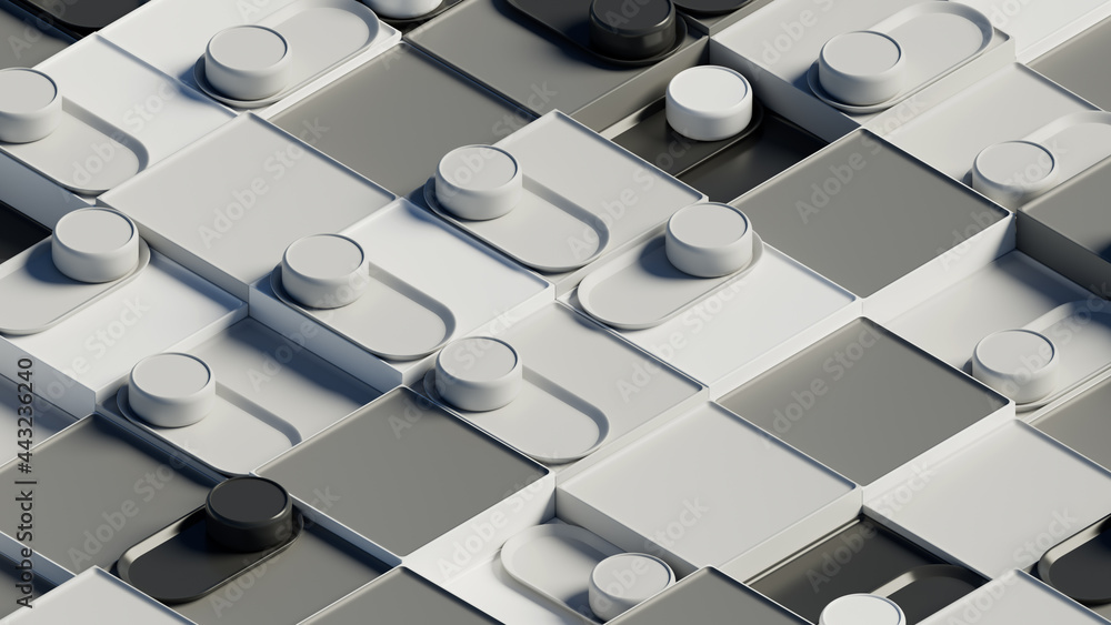 Poster 3d abstract background with repetitive pattern shapes. monochrome gamma.