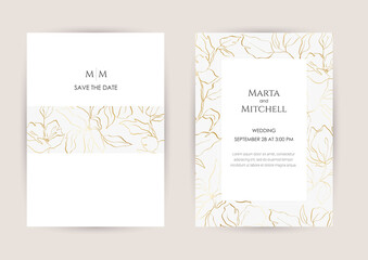 Minimalist wedding invitation card template design, golden line art drawing. Good for poster, card, invitation, flyer, cover, banner, placard, brochure and other graphic design.