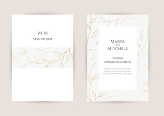 Minimalist wedding invitation card template design, golden line art drawing. Good for poster, card, invitation, flyer, cover, banner, placard, brochure and other graphic design.