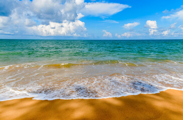 Beautiful beach and sea with Blue Sky Background at Mai Khao Beach Phuket,