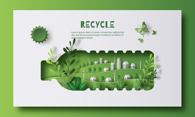 A bottle of water with a green city inside, the idea is to recycle old plastic bottles, think green, paper illustration, and 3d paper. - obrazy, fototapety, plakaty