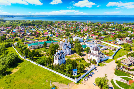 Aerial drone view of the Nikolsky female Monastery in Pereslavl Zalessky, Yaroslavl Region, Russia. Summer sunny day. Touristic Golden ring of Russia