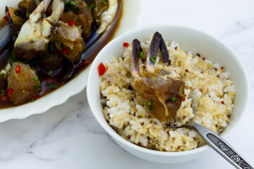 Korean food Raw crabs marinated in soy sauce which is called Ganjang-gejang and rice