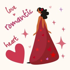 Femininity, romance and hearts. Love and feminism. The girl's body and face. Hearts, flat style. Minimalism of color. Soft tones. Illustrations of women and hearts. Boys and girls.