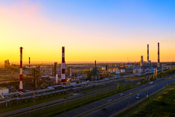 Aerial drone view of petrol industrial zone or oil refinery in Yaroslavl, Russia during sunset time