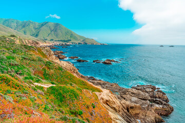  Spectacular panoramic landscape of the west coast of California with views of the Pacific Ocean and the cliffs . Coast along the Pacific Coast Highway