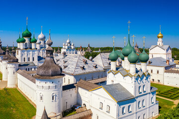 Aerial drone view of Rostov Kremlin in Rostov the Great city in summer, Russia. Golden ring of Russia
