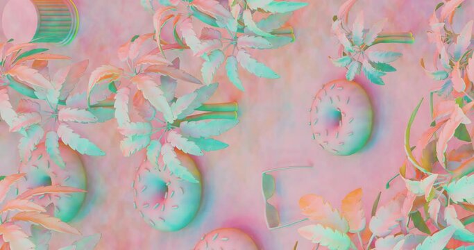 Creative Minimal 3d art. Donuts in tropical vacation space .Trendy vaporwave colors . Perfect background for music. 4k seamless loop video. Good for Vertical banner and screen