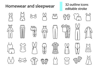 Homewear and sleepwear outline icons set. Comfortable clothes. Editable stroke. Isolated vector stock illustration