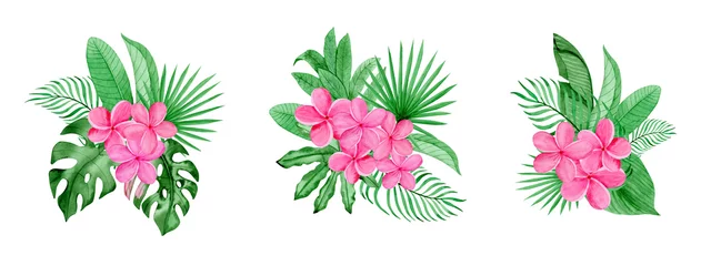 Poster Aquarel tropische boeketten van bladeren tropische planten en roze bloemen, geïsoleerd op een witte achtergrond. Hand getekend. © Outlander1746