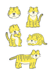 年賀状　ゆるくてかわいい虎のイラストレーションセット
