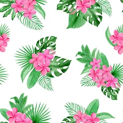 Acrylglas Duschewand mit Foto Tropische Pflanzen Aquarell nahtloses Muster mit grünen tropischen Blättern und rosa Blüten, von Hand gezeichnet. Monstera, Bananenblätter, Palmblätter.