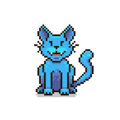 colorful simple flat pixel art illustration of cheerful blue fantasy sitting cat