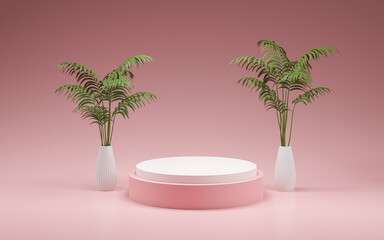 Fototapeta premium Summer product display podium scene with green leaf in vase geometric platform. background 3d render with podium. stand cosmetic product summer. Stage on pedestal display pink, 3D illustration.