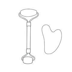 Doodle vector hand drawn beauty tools kit jade roller and guasha stone for face massage. Lifting, wrinkles, anti aging,skin care, quartz, beauty tools.Element isolated for typography and digital use.