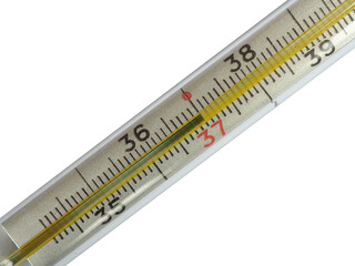 Mercury glass thermometer, high temperature, isolated on a white background