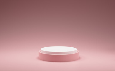 Podium with pink and white Cylinder podiums.Showcase, shopfront, display case, 3D illustration.