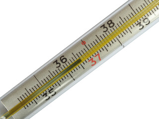 Mercury glass thermometer, normal temperature, isolated on a white background