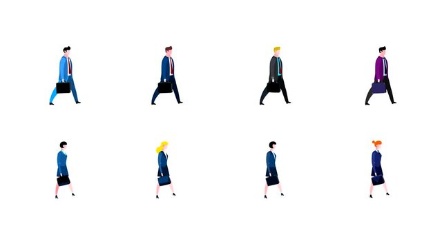 Eight cartoon business people. Businessmen and businesswomen characters with suitcase version. Walking, stopping and starting. Business people animated. Business cartoon animations serie.