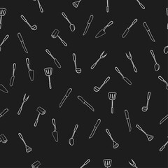 Hand drawn ladle and spatula, kitchen set in one stroke style on chalkboard, seamless pattern for packaging and fabric