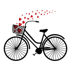 Vector flat illustration of blacke bicycle with red heart on isolated background