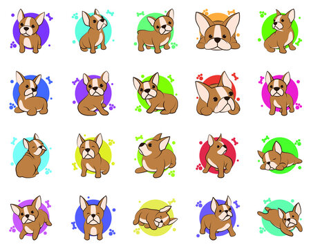 Color vector illustration icon set cartoon on a white background of cute French Bulldogs.