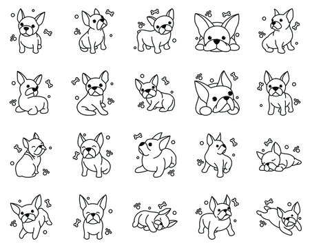Black line vector illustration icon set cartoon on a white background of cute French Bulldog.