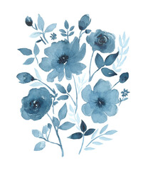 Blue and White Flower Collection Watercolor Painting Hand Drawn and Painted, Isolated on White Background