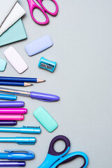 Notebooks, pens, colored felt-tip pens, flat lay of various stationery, copy space. Back to school, education or business concept.