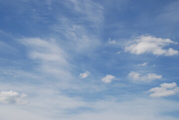 Cumulus and cirrus clouds in the sky. Against the background of a blue sky, various types of clouds, on top of a canvas of high cirrus clouds on the bottom, several cumulus clouds of various sizes.