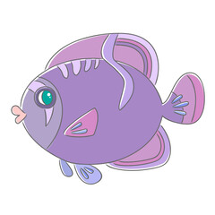 Funny purple cartoon tropical fish vector icon outline style isolated on white background