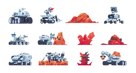 Cartoon rover. Alien planet exploration transport with manipulators for soil samples. Red rocks and minerals. Space discovery robot with antenna and drill. Vector research machines set - obrazy, fototapety, plakaty