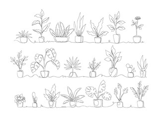 Fototapeta na wymiar One line. Home plants. Continuous monoline pots with tropical greenery and exotic decorative palms. Black and white potted flowers set. Interior decor. Vector houseplant collection