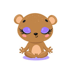 Vector flat cute cartoon doodle bear meditation. Forest animals meditate. Animals yoga