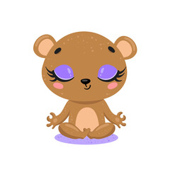 flat cute cartoon doodle bear meditation. Forest animals meditate. Animals yoga