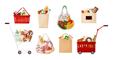 Grocery food bags. Supermarket cart and basket with daily meal products. Cartoon paper sacks for purchases. Shopping containers with eggs, bread and milk. Vector organic ingredient set