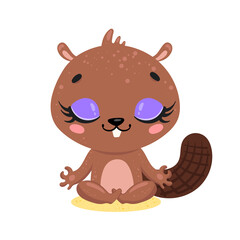 Vector flat cute cartoon doodle beaver meditation. Forest animals meditate. Animals yoga