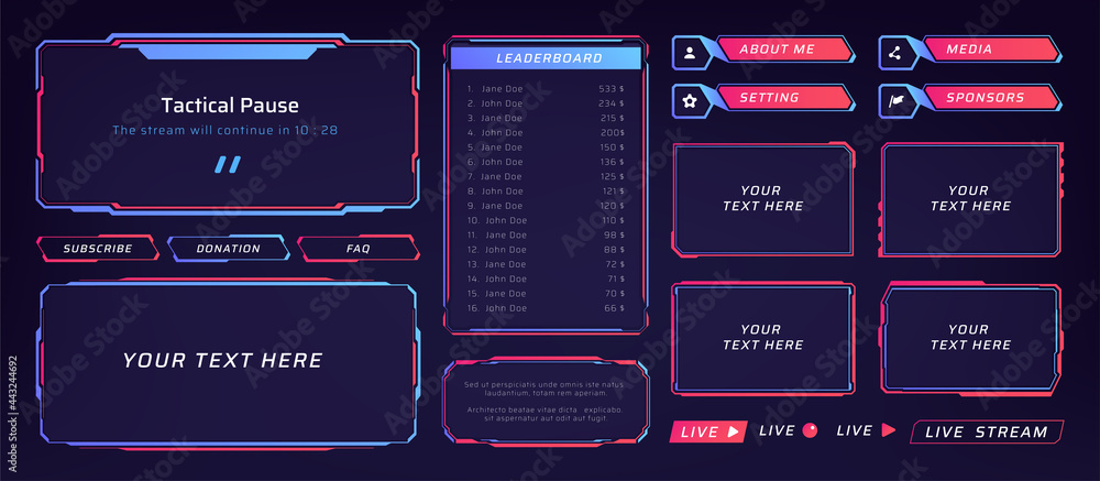Aufkleber Game frame. Stream overlay banner with buttons and video player UI template. Futuristic live interface. Isolated streaming show graphic tags mockup. Vector square digital elements set
