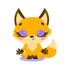 flat cute cartoon doodle fox meditation. Forest animals meditate. Animals yoga